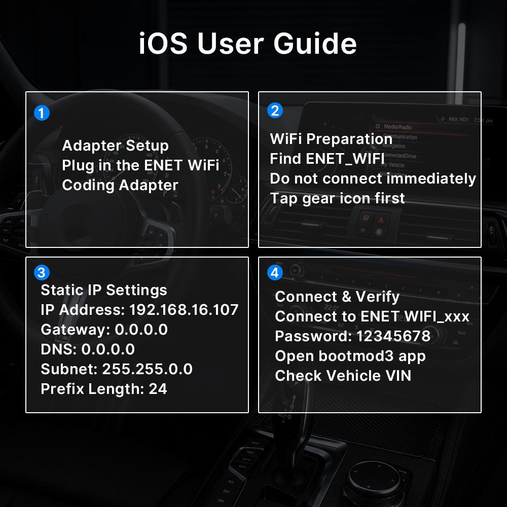 iOS user guide for ENET WiFi coding adapter — plug in, find ENET_WIFI network, static IP 192.168.16.107, connect and verify VIN in bootmod3