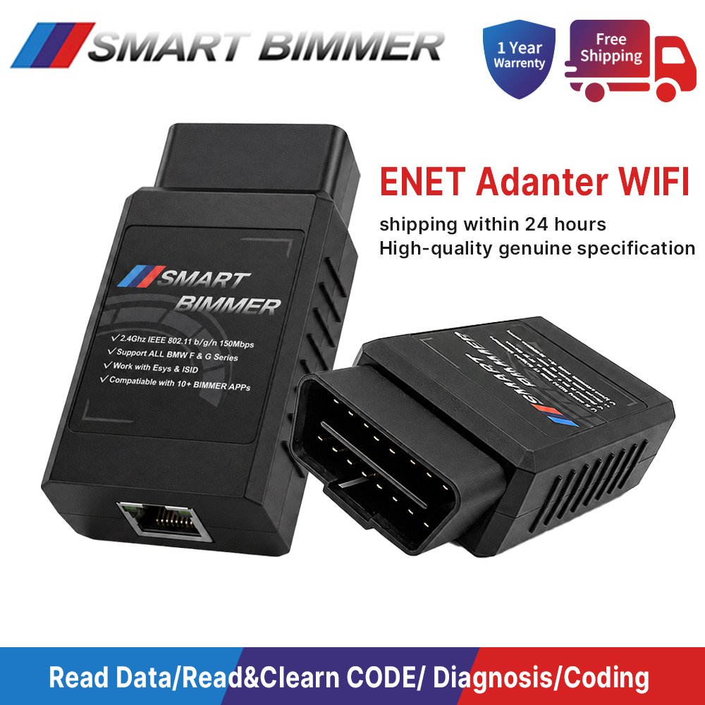 Smart Bimmer ENET adapter WiFi with OBD2 connector and RJ45 Ethernet port — 2.4GHz 150Mbps, supports all BMW F and G Series, works with E-SYS and ISTA