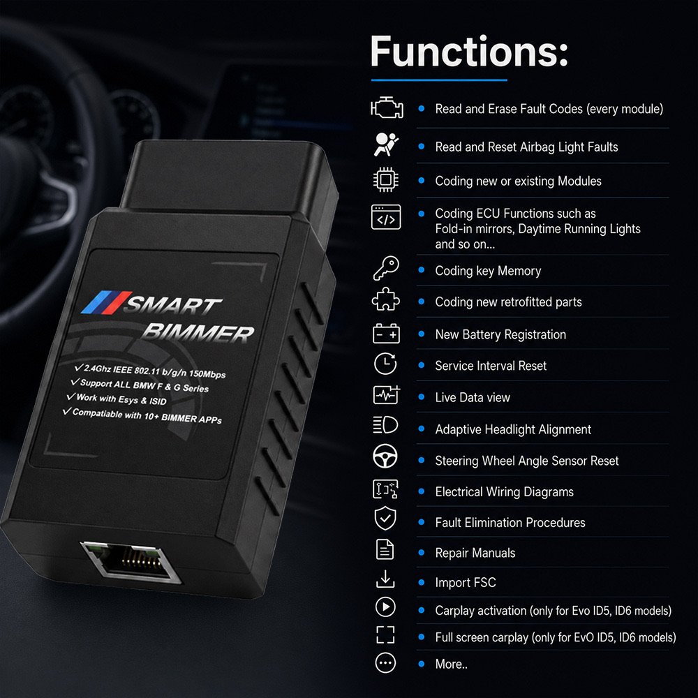 ENET adapter functions — read and erase fault codes, coding ECU functions, battery registration, service reset, CarPlay activation for Evo ID5 ID6