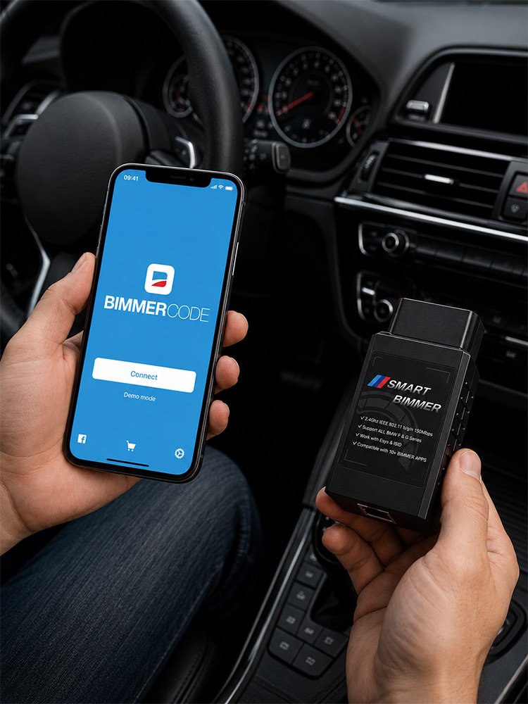 Coding a BMW with BimmerCode app on iPhone connected to the Smart Bimmer ENET WiFi adapter — in-car wireless coding workflow