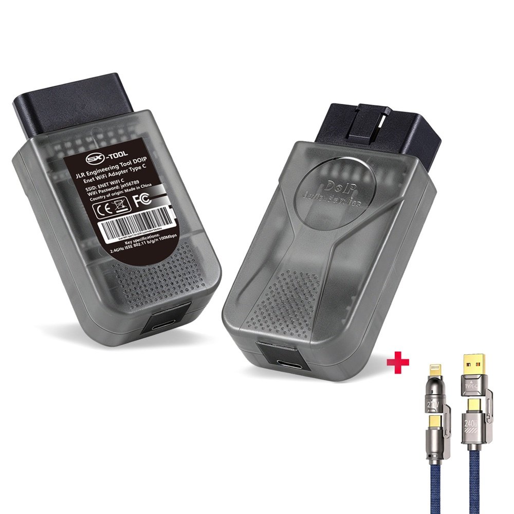 JLR Engineering Tool DoIP ENET WiFi Adapter Type-C pair with braided companion cables — CE FC certified, 2.4GHz 100Mbps