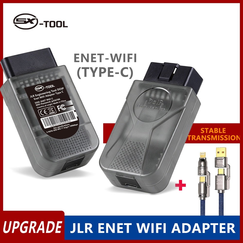 SX-TOOL JLR ENET WiFi Adapter Type-C upgrade — stable transmission, translucent housing, Type-C port, includes braided cable