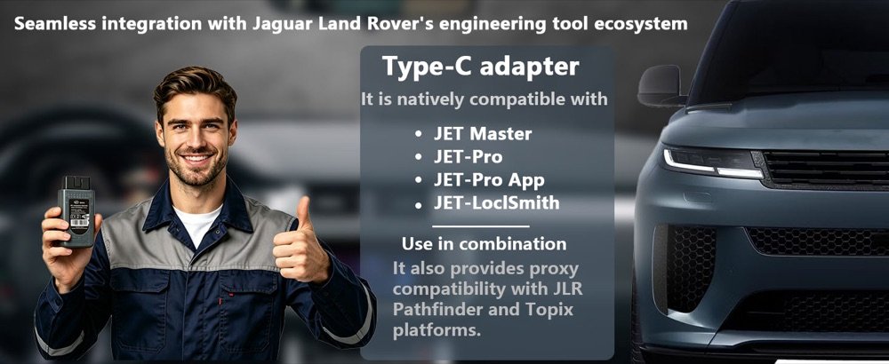 SX-TOOL Type-C ENET WiFi adapter held beside Range Rover — natively compatible with JET Master, JET-Pro, JET-LockSmith and proxy-compatible with JLR Pathfinder and TOPIx