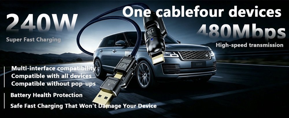 240W braided multi-interface Type-C companion cable with Range Rover — fast charging and 480Mbps high-speed transmission for diagnostic devices