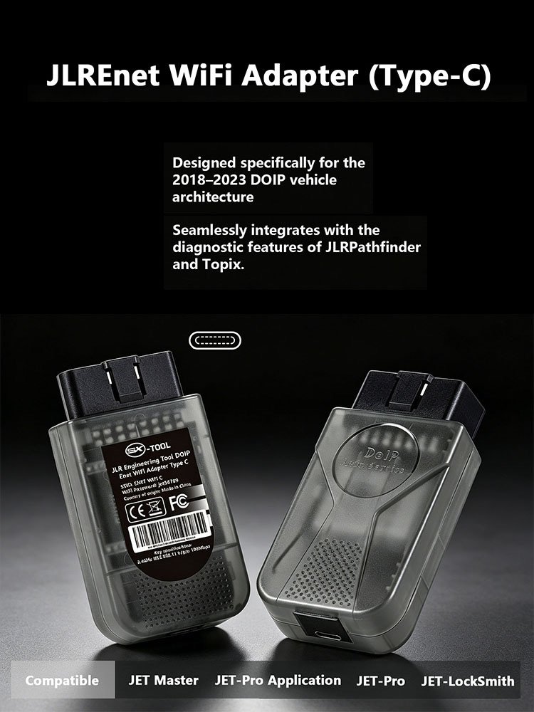 JLR ENET WiFi Adapter Type-C front and rear — designed for 2018-2023 DoIP vehicle architecture, integrates with JLR Pathfinder and TOPIx