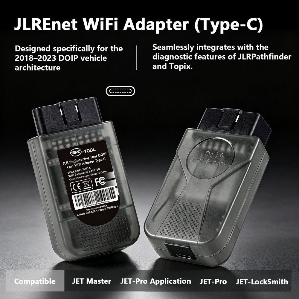SX-TOOL ENET WiFi Adapter Type-C front and rear view — wireless DoIP diagnostic interface for BMW, Mercedes, JLR and VW/Audi