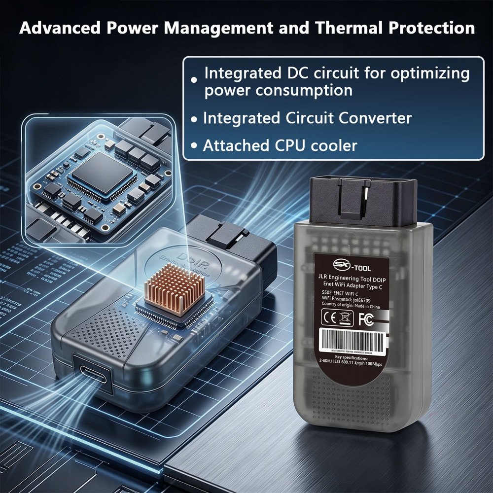 ENET WiFi adapter internal — integrated DC power management circuit and attached CPU cooler for demanding coding and flashing workflows
