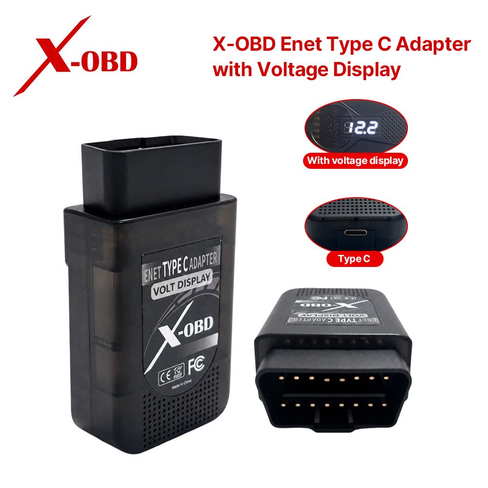 X-OBD ENET Type-C Adapter with voltage display — OBD2 housing with USB-C port, LED voltmeter reading 12.2V, CE FC certified