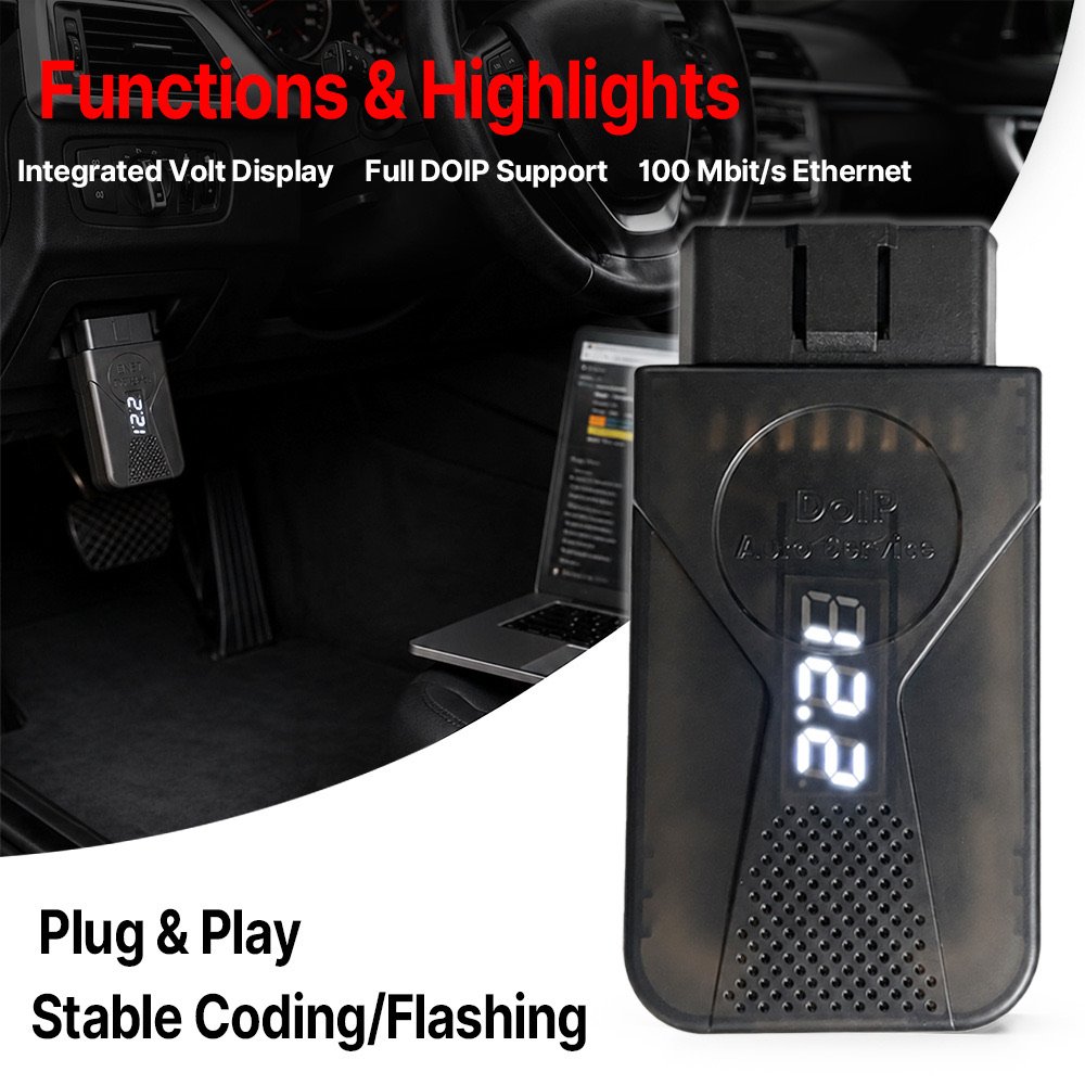 ENET Type-C adapter with integrated voltage display plugged into BMW OBD2 port — full DoIP support, 100 Mbit/s Ethernet, plug and play coding and flashing