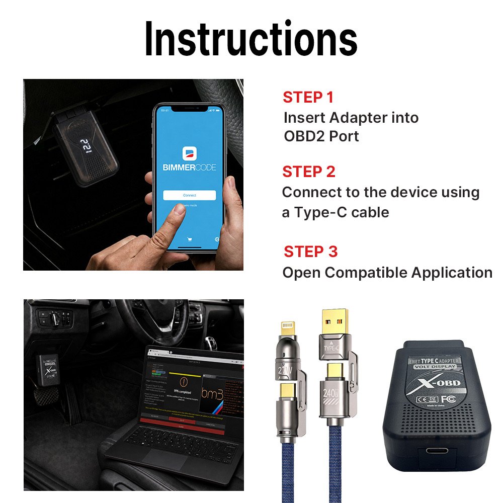 ENET Type-C adapter instructions — insert into OBD2 port, connect Type-C cable to iPhone with Bimmercode or laptop with bootmod3, open the app