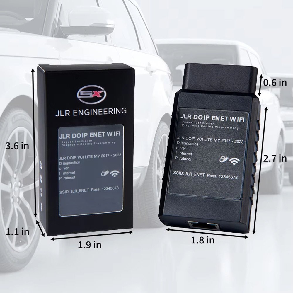 JLR DoIP ENET WiFi adapter dimensions — 2.7 x 1.8 x 0.6 inch unit with retail box, OBD2 plug-and-play