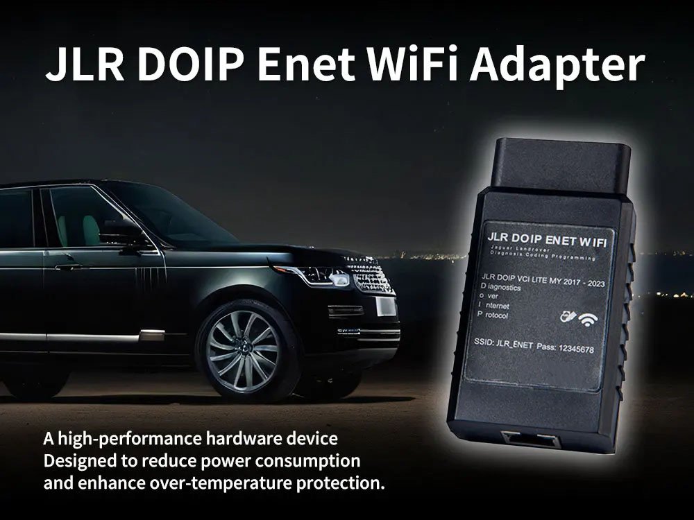 JLR DoIP ENET WiFi Adapter beside Range Rover — high-performance low-power hardware for JLR 2017-2023 vehicles