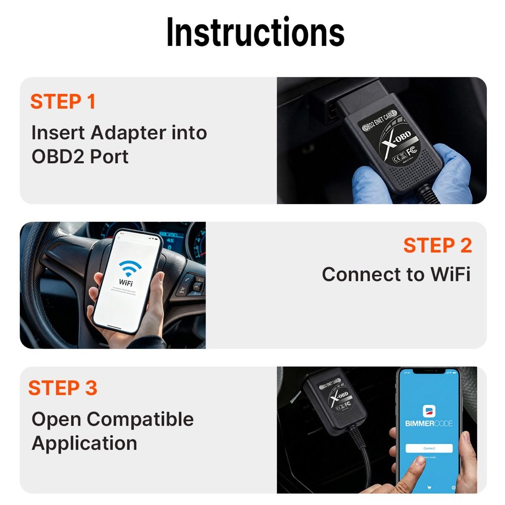 X-OBD ENET easy 3-step setup insert adapter connect WiFi open app